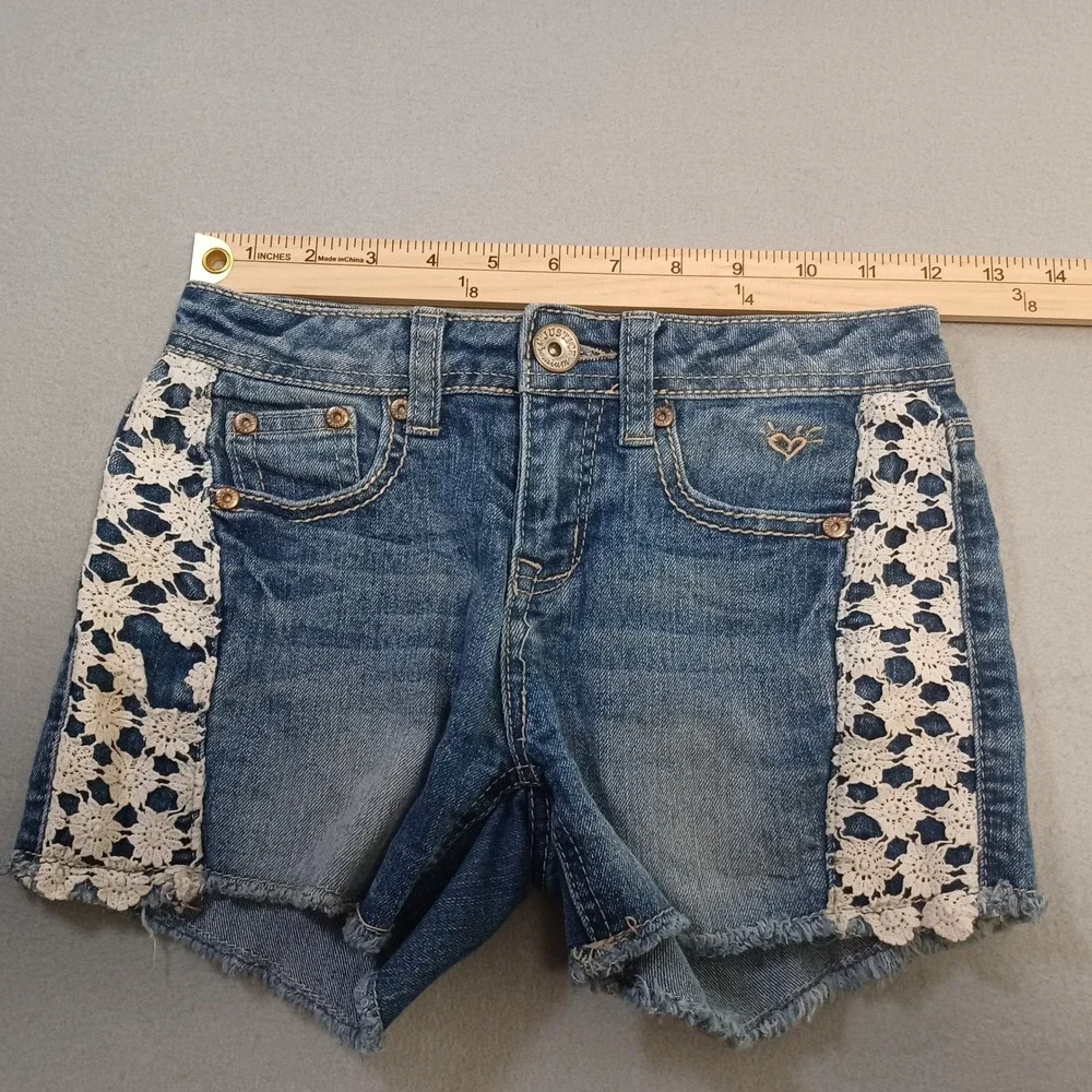 Justice Premium Girls‎ Denim Shorts Size 12S Blue Crochet Lace Side Frayed Hem
